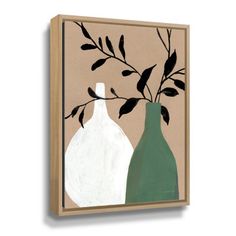 two vases with green leaves on a beige background, one is white and the other is brown