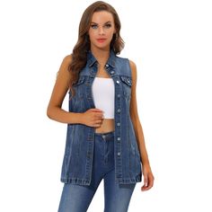 This jean vest jacket is made of soft and breathable denim cotton. Falls to mid-thigh for an elegant look that is slimming, flattering, and comfortable to wear. Suitable for daily casual, vacation, school, shopping, weekend gatherings or shopping etc. You can match it with a sweater for fall and winter or a casual tank cami for sunshine and summer. It is a good choice for the upcoming season. Spring Dark Wash Vest With Buttons, Spring Denim Blue Buttoned Vest, Spring Denim Blue Vest With Button Closure, Dark Wash Denim Vest With Button Closure For Spring, Sleeveless Denim Jacket With Buttons For Fall, Fall Sleeveless Denim Jacket With Buttons, Denim Blue Vest With Button Closure For Spring, Denim Vest With Snap Buttons For Fall, Casual Denim Vest With Snap Buttons