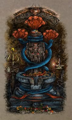 an artistic drawing of a fountain with flowers and snakes around it, surrounded by candles