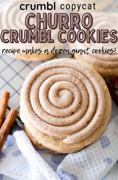 two cookies with cinnamon on top and the words churro crumbl cookies