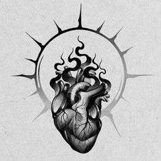 a black and white drawing of a heart with flames coming out of the middle of it