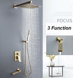 the shower head has three functions to control it's water and is shown in gold