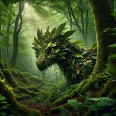 an animal made out of plants and leaves in the middle of a forest filled with trees