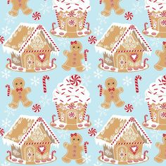 gingerbread houses and candy canes on a blue background