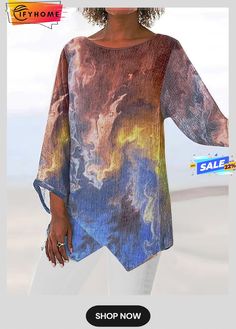 Women's Shirt Blouse Yellow Red Navy Blue Graphic Abstract Asymmetric Print Long Sleeve Casual Daily Basic Round Neck Regular S Casual Irregular Summer Tops, Casual Summer Tops With Irregular Shape, Multicolor Tops With Asymmetrical Hem For Fall, Multicolor Asymmetrical Hem Tops For Fall, Casual Asymmetrical Beach Top, Multicolor Tops For Fall With Asymmetrical Hem, Fall Multicolor Tops With Asymmetrical Hem, Asymmetrical Multicolor Spring Tops, Multicolor Asymmetrical Top For Spring