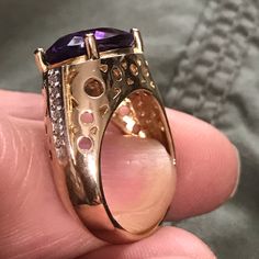 Hpnwot Genuine Oval Amethyst (10x14mm), W/ Pave Diamonds (.07ctw) In 14kw Gold On Sides, Unique Fancy Cut Band In 14ky Gold Sits 10mm High, Band Width 4-9mm, Size 6.5, Can Be Resized Hpdress To Impress Posh Party2/3/2020 Oval Gemstones With Diamond Accents Luxury Style, Oval Amethyst Ring In Luxury Style, Luxury Oval Amethyst Ring With Diamond Accents, Luxury Oval Amethyst Ring With Prong Setting, Purple Oval Gemstones With Accent Stones, Oval Amethyst Gemstones With Gemstone Accents, Purple Amethyst Gemstones With Diamond Accents, Oval Amethyst Gemstones With Accents, Elegant Purple Amethyst Ring With Large Stone