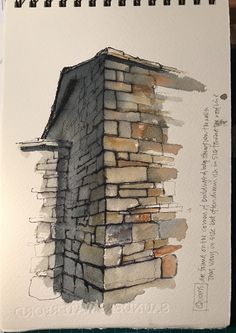 a drawing of a building made out of rocks and watercolor pencils on paper