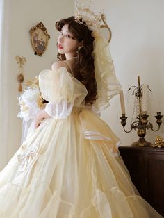 Lolita Accessories:Veil Aesthetic Princess Dress, Vintage Princess Aesthetic, Yellow Princess Dress, Royal Ball Gowns, Dream Daughter, Head Veil, Tiered Tulle Skirt, Light Purple Flowers, Crown Hair