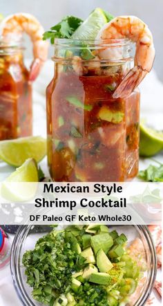 mexican style shrimp cocktail in a jar with lime and cilantro garnish