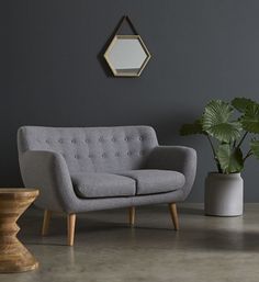 a living room with grey walls and a gray couch next to a potted plant