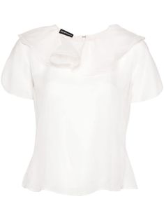 white silk organza ruffled detailing round neck short sleeves rear zip fastening flared hem Light Knit, Mens Fall, Silk Organza, White Silk, Sweaters Knitwear, Denim Pant, Silk Top, Denim Top, Easy Wear