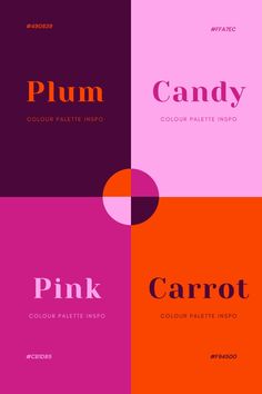 four different color palettes with the words pink, candy, and carrot on them