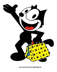 an image of a cartoon cat holding a purse