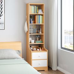 a bed room with a neatly made bed and a book shelf next to the window