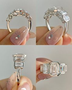 four views of a diamond ring being held by someone