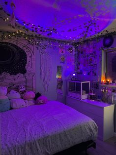 a bed room with a neatly made bed and purple lighting