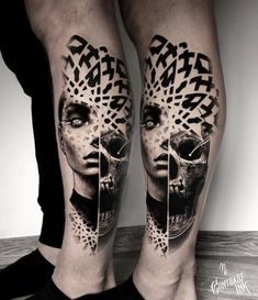 two people with tattoos on their legs, one is wearing a skull head and the other has