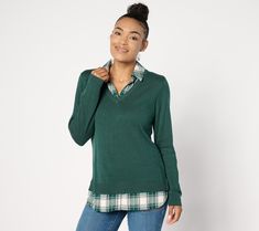 A delightful blend of cozy sweater knit and classic tartan flannel, this top is sure to be your go-to for elevated casual style. Ribbed details and a high/low hem give this design a look that's polished and refined. From the Joan Rivers Classics Collection®. Joan Rivers, High Low Hem, Sweater Fashion, Cozy Sweaters, High & Low, Sweaters & Cardigans, Casual Style, Tartan, Knitted Sweaters