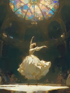 a ballerina is dancing in front of a stained glass window