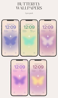 four iphones with different screens showing the time and date for each phone, including two butterflies