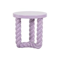 a small purple table with twisted rope on it's sides and a white top