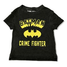 NWOT: new without tags! Adorable black distressed to dark gray basic crewneck short-sleeved tee with front yellow distressed vintage-style Batman Crime Fighter screenprint. Baby size 12 months. 100% cotton! By Junk Food. Ships from AL via USPS First Class Mail. #batman #dccomics #superheroes #basictee #12M #boytees #blacktees #junkfood Basic Crewneck, Boy Tees, Basic Tee, Baby Size, Junk Food, Shirt Top, T Shirt Top, Black Tee, Kids Shirts