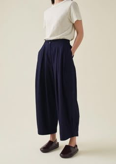 Indigo Cotton Twill Wide Leg Pants | Indigo | TOAST Barrel Pants, Bag Lining, Easy Shape, Box Pleats, Pocket Bag, Dress Trousers, Outfits Casuales, New Wardrobe, Wide Leg Trousers