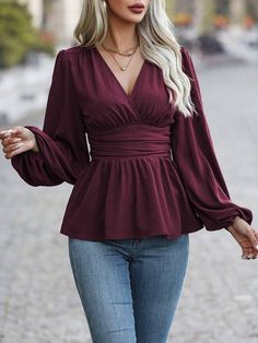 Maroon Top And Jeans Outfit, Fall V-neck Non-stretch Blouse, Solid Color Non-stretch Blouse For Fall, Fitted Long Sleeve Top With Lantern Sleeves For Fall, Fall Lantern Sleeve Tops In Solid Color, Fitted V-neck Blouse For Fall, Fall Lantern Sleeve Solid Color Blouse, Fall Solid Color Lantern Sleeve Blouse, Fall Lantern Sleeve Blouse