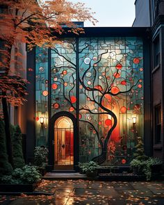 a building with a tree painted on the side and lights in it's windows