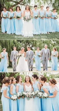 the bride and groom are posing for pictures with their bridal party in blue dresses