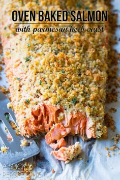 baked salmon with parmesan bread crumbs on the side and a fork next to it