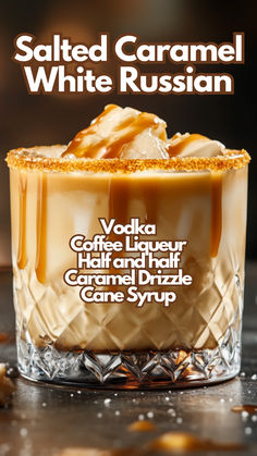 an advertisement for salted caramel white russian coffee liquer