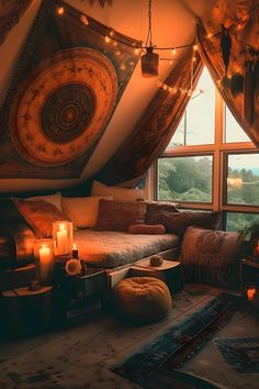 a bohemian room in an attic, a couch style bed up against the wall with a trippy psychedelic tapestry hanging. fairy lights draped around. a yellow pouf chair on the ground. lots of pillows and blankets. a lantern style light hanging. cozy plants and candles. Boho Chill Room Ideas, Chill Apartment Vibes Cozy, Hobo Aesthetic Room, Dark Spiritual Room Aesthetic, Hippy Bedroom Decor, Dark Boho Room Aesthetic, Dark Chill Room Aesthetic, Dark Aesthetic Room Decor, Cozy Hippie Bedroom