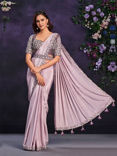 Lavendar Pure Crape Georgette Designer Wear Saree Elegant Semi-stitched Lavender Set, Fitted Lavender Blouse Piece For Festive Occasion, Fitted Lavender Floor-length Set, Festive Fitted Lavender Blouse Piece, Fitted Lavender Saree With Zari Work, Elegant Lavender Saree Set, Fitted Lavender Blouse Piece For Wedding, Fitted Lavender Blouse For Wedding, Fitted Lavender Wedding Blouse Piece