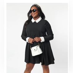 Super Cute Black Fit And Flare Dress With White Collar & It Has Pockets! Nwt By Unique Vintage Black Fit And Flare Dress, Dress With White Collar, Dress Peter Pan Collar, Uv Clothing, Plus Size Black Dresses, Dresses Unique, Vintage Plus Size, Peter Pan Collar Dress, Guest Attire