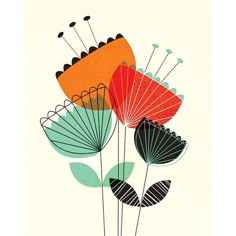 an art print with colorful flowers and leaves on the side, in orange, green, blue, black and white colors