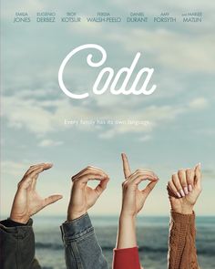 three people holding their hands up in the air with the word soda written on it