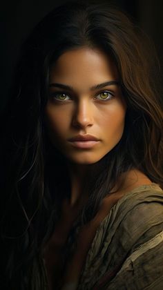 a woman with long hair and green eyes posing for a photo in front of a dark background