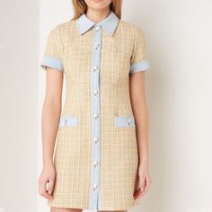 Us 38 (Medium) **Price Fixed** Sfpro00985 Summer Tweed Dress With Buttons, Spring Tweed Button Dress, Fitted Mini-length Tweed Dress, Tweed Mini Dress With Short Sleeves For Work, Fitted Beige Mini Tweed Dress, Short Sleeve Tweed Mini Dress For Work, Summer Short Sleeve Tweed Dress, Beige Mini Length Tweed Dress For Spring, Summer Tweed Mini Dress For Workwear