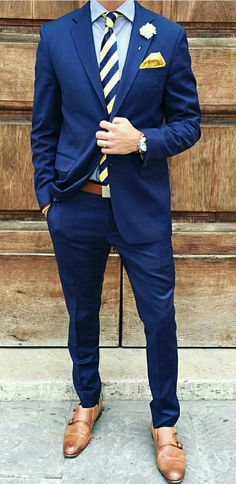 Bright blues and yellows for mens spring style Mens Spring Style, Grad Suits, Mens Suit Style, Terno Slim, Suit Combinations, Royal Blue Suit, Blue Suit Men, Baddie Outfit, Mens Spring Fashion