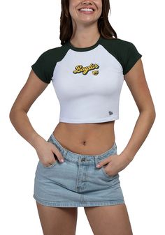 Let everyone know who you root for in this Baylor Bears White Homerun Raglan Short Sleeve T-Shirt! This Baylor Short Sleeve Tee features a screen print team name on center chest. Contrast color sleeves, Contrast color neck band, Finished hemlines, Raglan sleeves, 95% Cotton - 5% Spandex, 4 Front Print Crew Neck Tops For Sports Events, Crew Neck Tops With Front Print For Sports Events, Fitted Tops With Letter Print For Team Spirit, Fitted Letter Print Tops For Team Spirit, Casual Fitted Top For Fan Merchandise, Green Sports Fan Tops With Letter Print, Sports Fan Green Tops With Letter Print, Green Short Sleeve Sports Fan Top, Fitted Team Name Tops For Fans