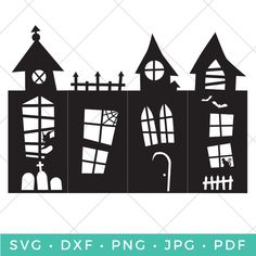 a black and white silhouette of a house with windows, bats and tombstones on it