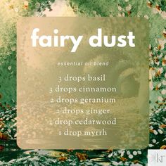 #fairy dust #essentialoil #diffuser blend: 3 drops basil, 3 drops cinnamon (leaf), 2 drops geranium, 2 drops ginger, 1 drop cedarwood, 1 drop myrrh. #essentialoilsblends Cinnamon Diffuser Blends, Clean Diffuser Blends, Clove Essential Oil Blends, Essential Oil Blends For Diffuser, Essential Oil Perfumes Recipes, Doterra Diffuser Blends, Essential Oil Combinations, Essential Oil Diffuser Blends Recipes, Essential Oils Guide