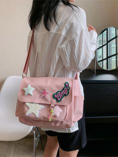 College Student Women's Shoulder Bag, Cute Girly Style, Large Capacity Casual Commuter Bag, Zipper, Pink Canvas, Soft Crossbody Bag Pink Preppy   Polyester Animal,Geometric,Letter Messenger Bag   Women Bags, size features are:Bust: ,Length: ,Sleeve Length: Cute Satchel Bags, Cute Messenger Bags For School, Pink Satchel Bag, Messenger Bag Cute, Cute Bags And Purses, Mini Backpack Aesthetic, Pink Bag Outfit, Cute Pink Bag, Pink Messenger Bag