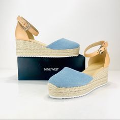 Nine West Ariela 3 Natural & Light Denim Multi Texture Espadrille Wedges, Padded Footbed, Strap Around The Ankle With A Buckle Closure, Size 10. New In Box, No Lid Please, Zoom-In Pictures For The Best Description And Details (A Picture Says More Than A Thousand Words) And Ask Any Clarifying Question Or Concern That You Might Have. Casual Sandals With Snug Fit And Round Toe, Casual Denim Blue Heels With Round Toe, Casual Fitted Wedge Heels, Casual Heels With Woven Sole And Medium Width, Casual Blue Sandals Medium Width, Casual Denim Espadrilles With Round Toe, Nine West Shoes, Womens Shoes Wedges, Light Denim