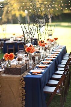 Golden Christmas, Wedding Colors Blue, Burlap Wedding, Navy Blue Wedding, Orange Wedding, Fall Wedding Colors, Navy Wedding, Long Table, Mod Wedding