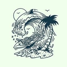 a black and white drawing of a wave with a palm tree on the beach in front of it