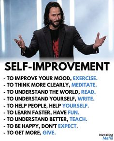 a man standing in front of a sign that says self improvement