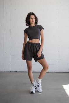 The perfect lounge short – with a roomy silhouette that hits just above the knee. Includes a drawstring waistband, side pockets and back pocket for added functionally. Garment washed for that worn-in feel. Includes Vintage Black, Grey, and White. 100% ORGANIC COTTON 12 OZ BRUSHED TERRY SLIGHTLY WIDER THIGH INSPIRED BY VINTAGE GARMENTS Elwood Clothing, Gymwear Outfits, Workout Fits, Aesthetic Women, Clothing Logo, Sporty Outfits, Fashion Fits, Look Cool, Black Grey