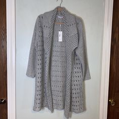 Baciano Gray Crochet Patterned Cardigan Women's Size Xl. New With Tags! Materials: 100% Acrylic. Hand Wash Only, Lay Flat To Dry. Measurements: Pit To Pit Laying Flat 20.” Shoulder To Bottom Of Hem 36.” Arm Length 23.” Beautiful And Cozy! Spring Open Knit Sweater Coat For Layering, Open Knit Sweater For Daywear, Open Knit Long Sleeve Sweater For Daywear, Spring Open Knit Sweater Coat, Fitted Open Knit Outerwear For Layering, Fall Open Knit Cardigan For Daywear, Open Knit Cardigan For Fall Daywear, Open Knit Sweater For Fall Daywear, Open Knit Sweater For Daywear In Fall